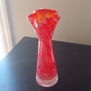 CLEAR, RED & WHITE GLASS, ART BLOWN GLASS, BUD VASE, RUFFLE TOP